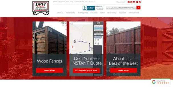 The DFW Fence Contractor website homepage, with wood fences, an instant quote tool and an about us panel.