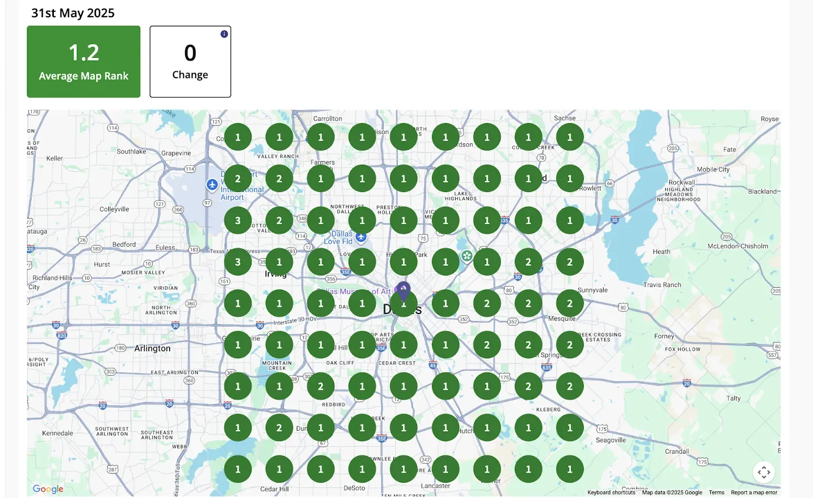 May 2025: an average map rank of 1.2, at #1 across nearly the whole grid.