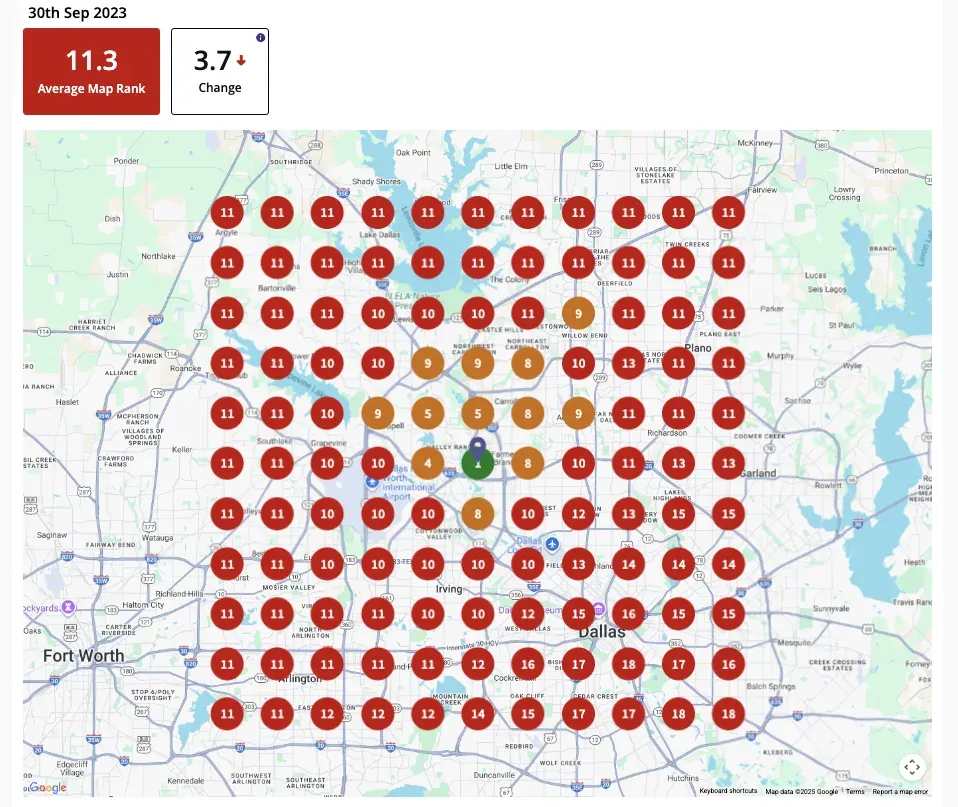 “dog training dallas”, September 2023: the Carrollton location averaged #11.3 across the Dallas area.