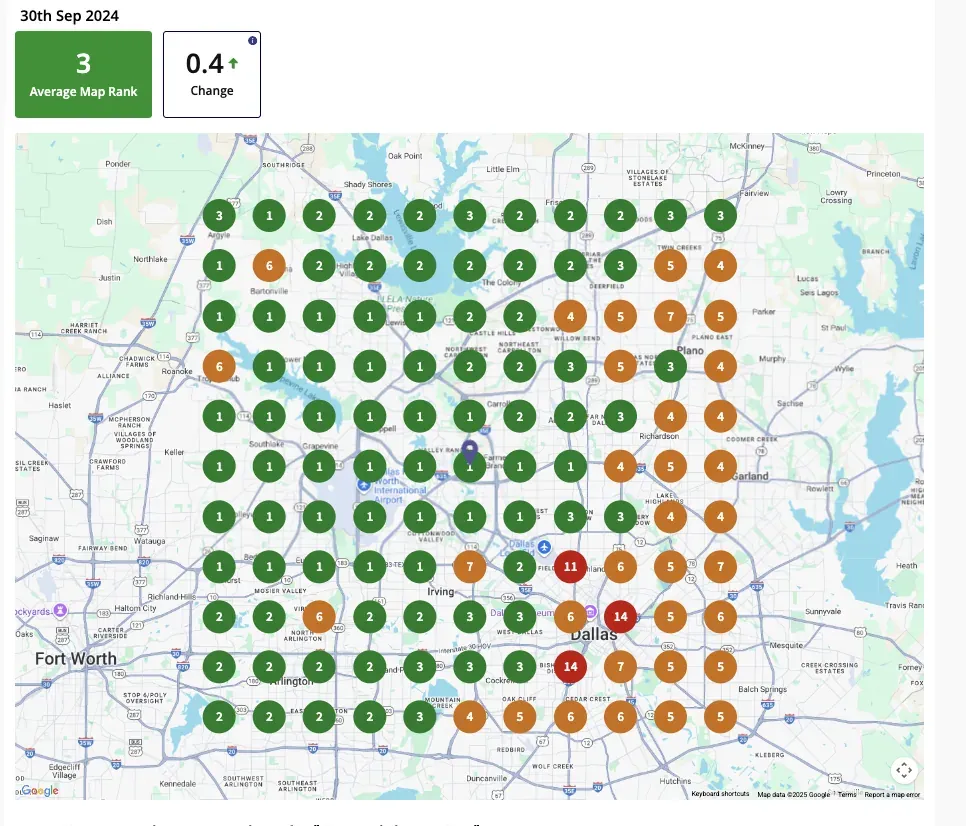 September 2024, one year in: an average of #3, with most of the map from Carrollton to the north at #1 or #2.